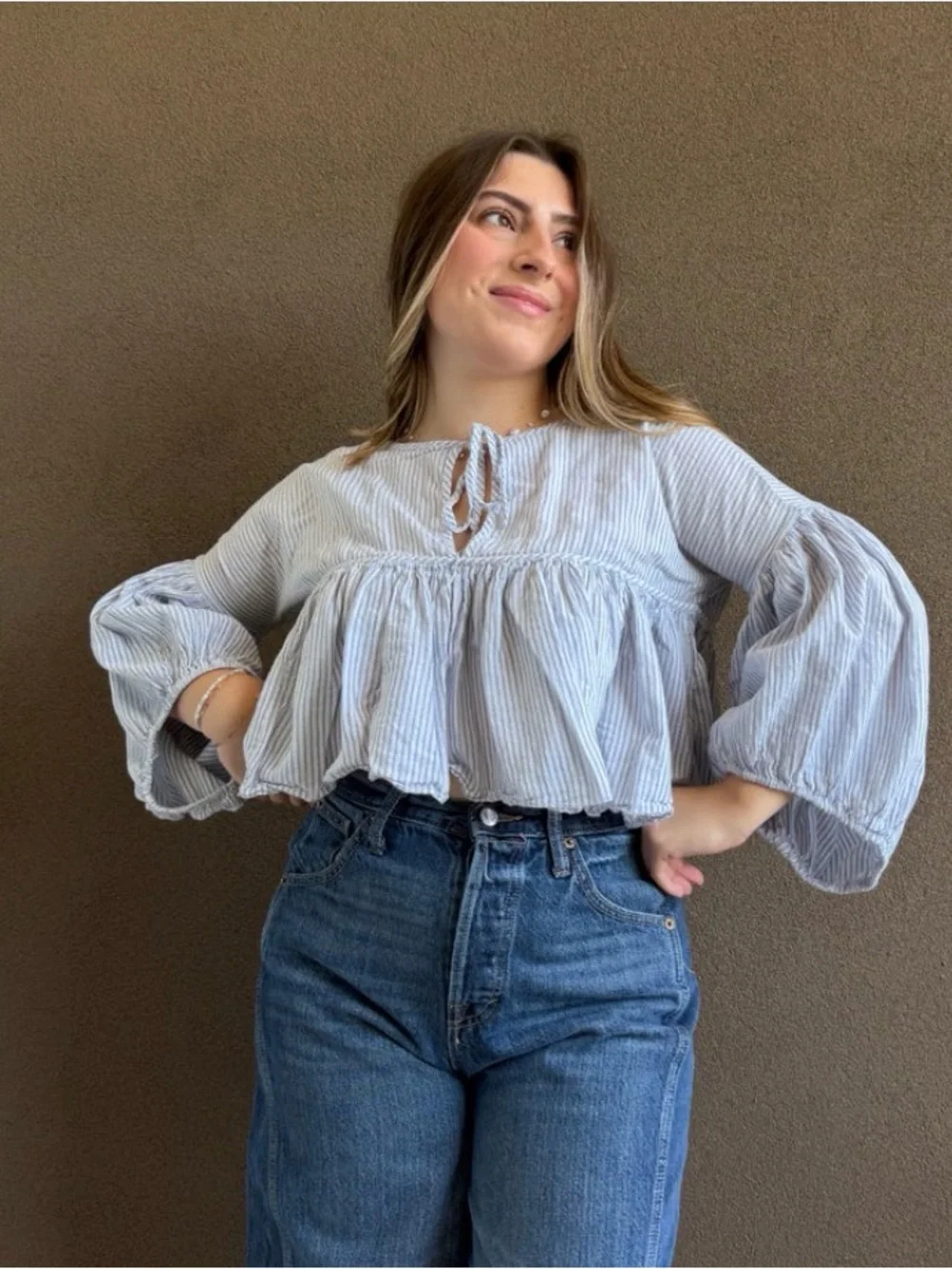 Free People Striped Puff Sleeve Blouse XS